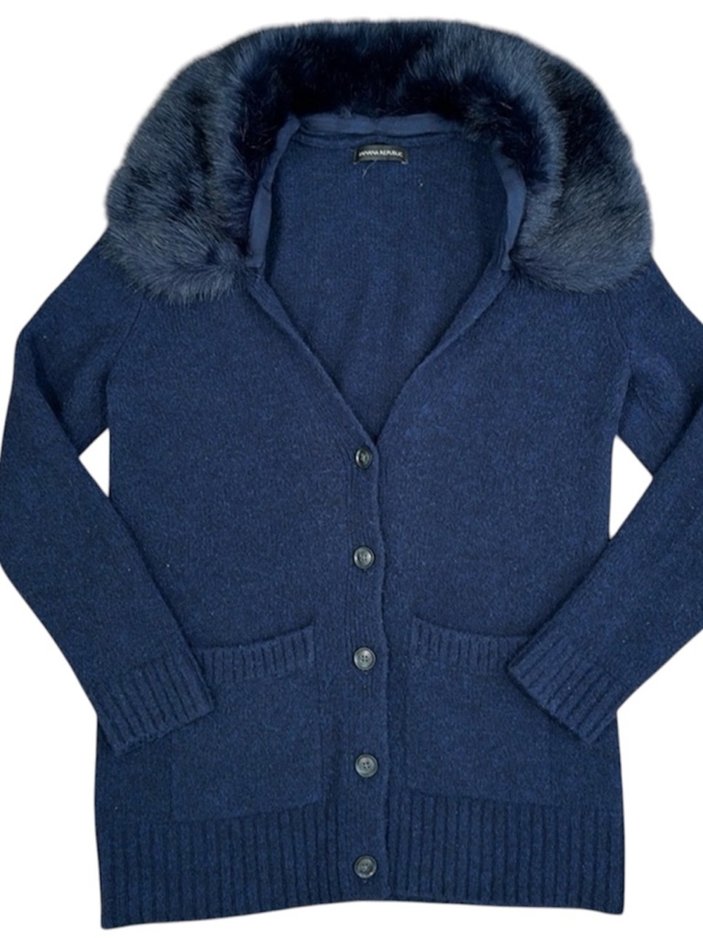 Women’s Banana Republic Merino‎ Wool Blend Navy Faux Fur Cardigan • Size Small